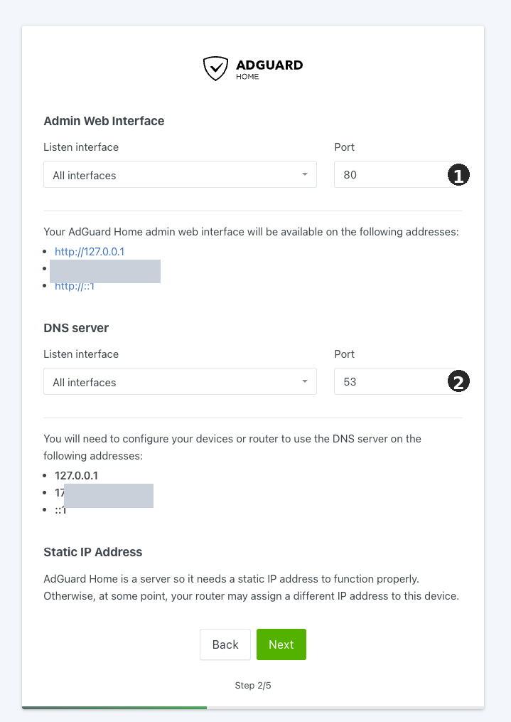 AdGuard-Home-Assistent mit Web-Interface auf Port 80 und DNS-Server auf Port 53