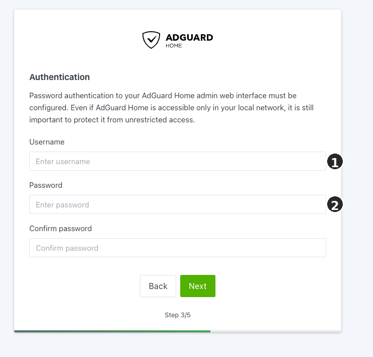 Seite zum Anlegen des Administratorkontos im AdGuard-Home-Assistenten