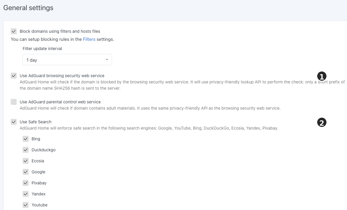 General Settings in AdGuard Home mit aktiviertem Browsing Security und Safe Search