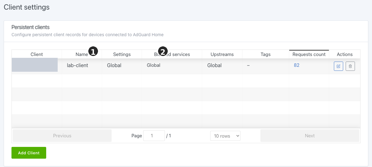 Persistent Client lab-client in AdGuard Home mit Einstellungen pro Client