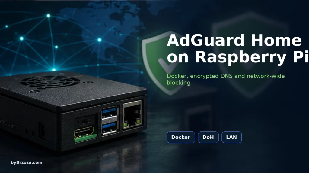 AdGuard Home on Raspberry Pi — illustration of a Docker DNS server protecting the network