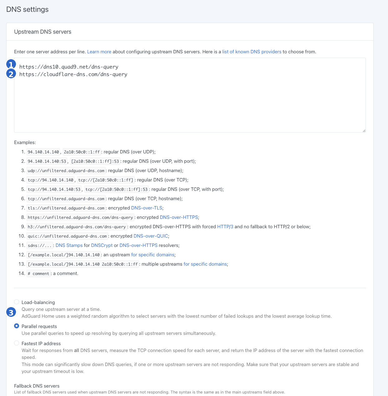 AdGuard-Home-DNS-Einstellungen mit Quad9 dns10, Cloudflare DoH und Parallel requests