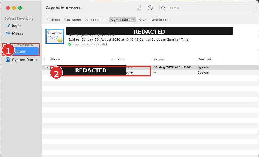 Keychain Access z certyfikatem FNMT i odpowiadającym mu kluczem prywatnym, dane właściciela zanonimizowane