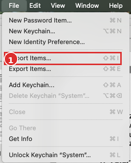 Menu File w Keychain Access z zaznaczoną opcją Export Items