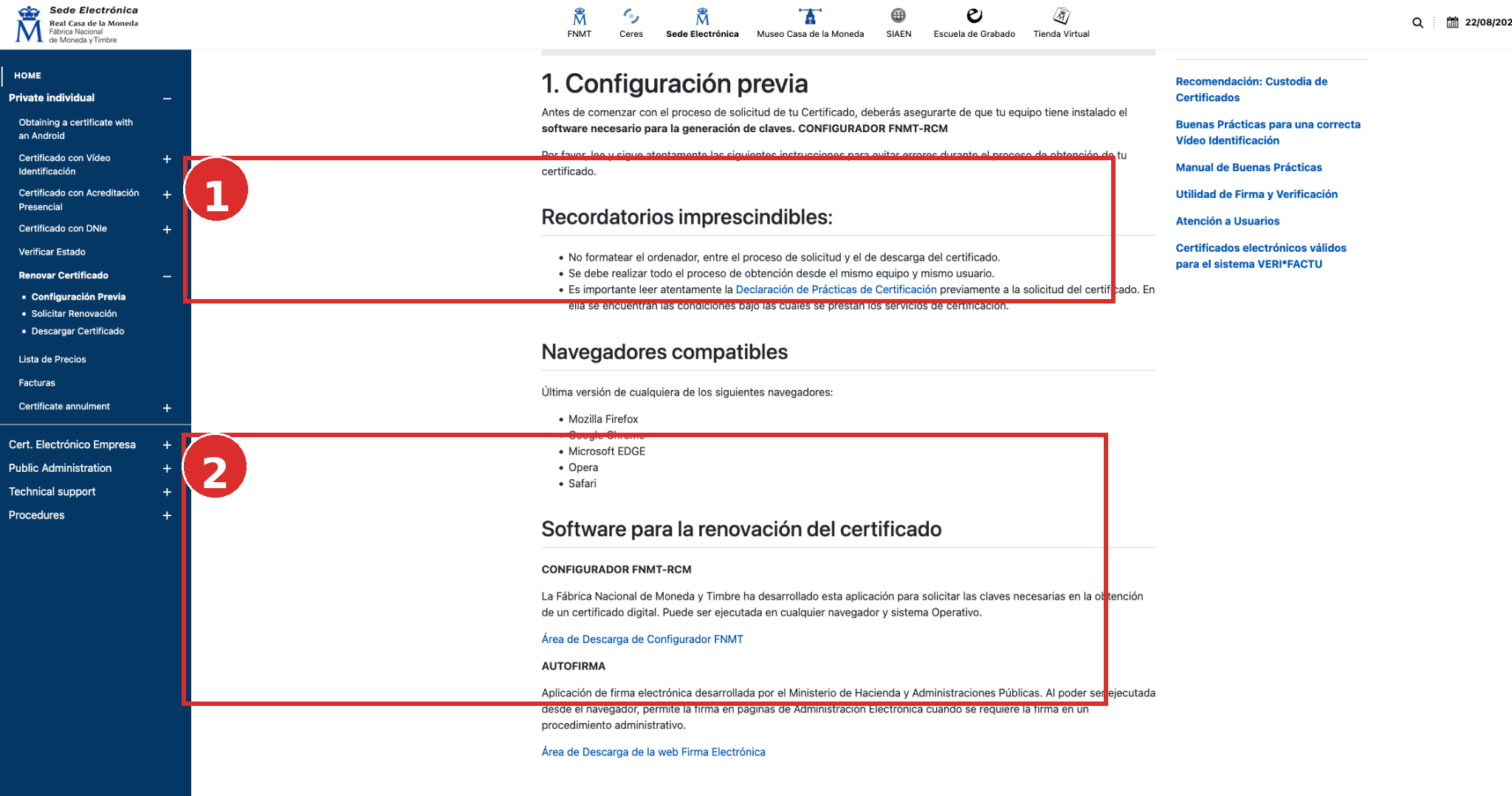 Oficjalna strona FNMT Configuración previa dla odnowienia certyfikatu