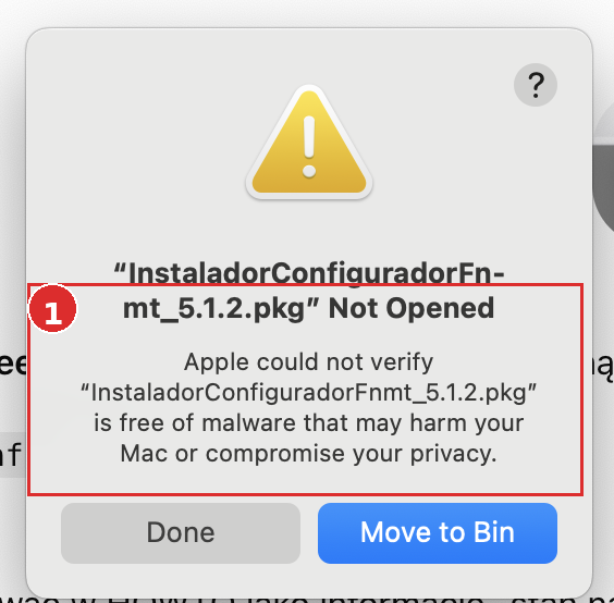 Ostrzeżenie macOS Gatekeeper dla instalatora Configurador FNMT