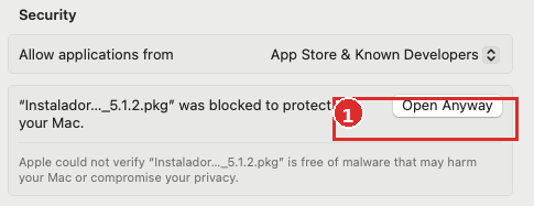 Ustawienia Privacy and Security w macOS z przyciskiem Open Anyway