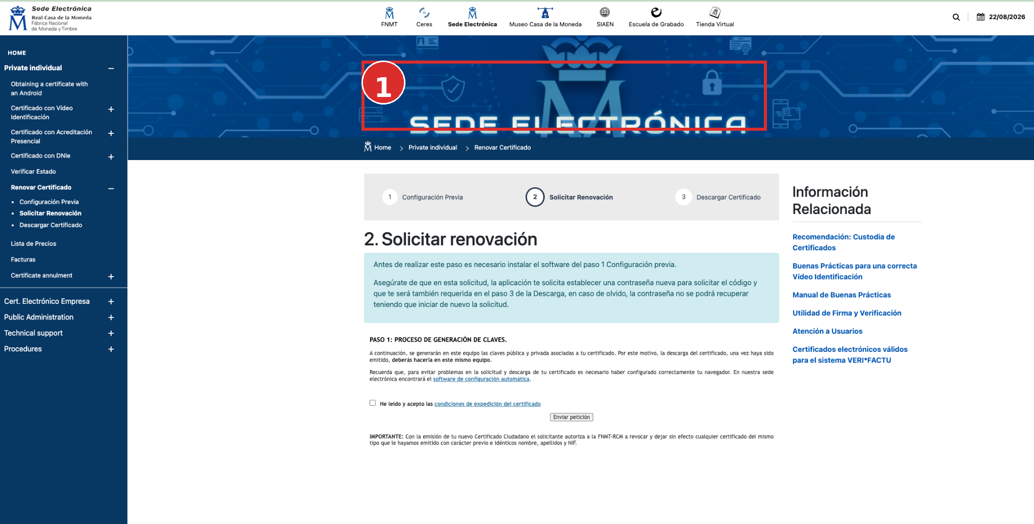 Strona FNMT Solicitar renovación z pierwszym krokiem generowania kluczy