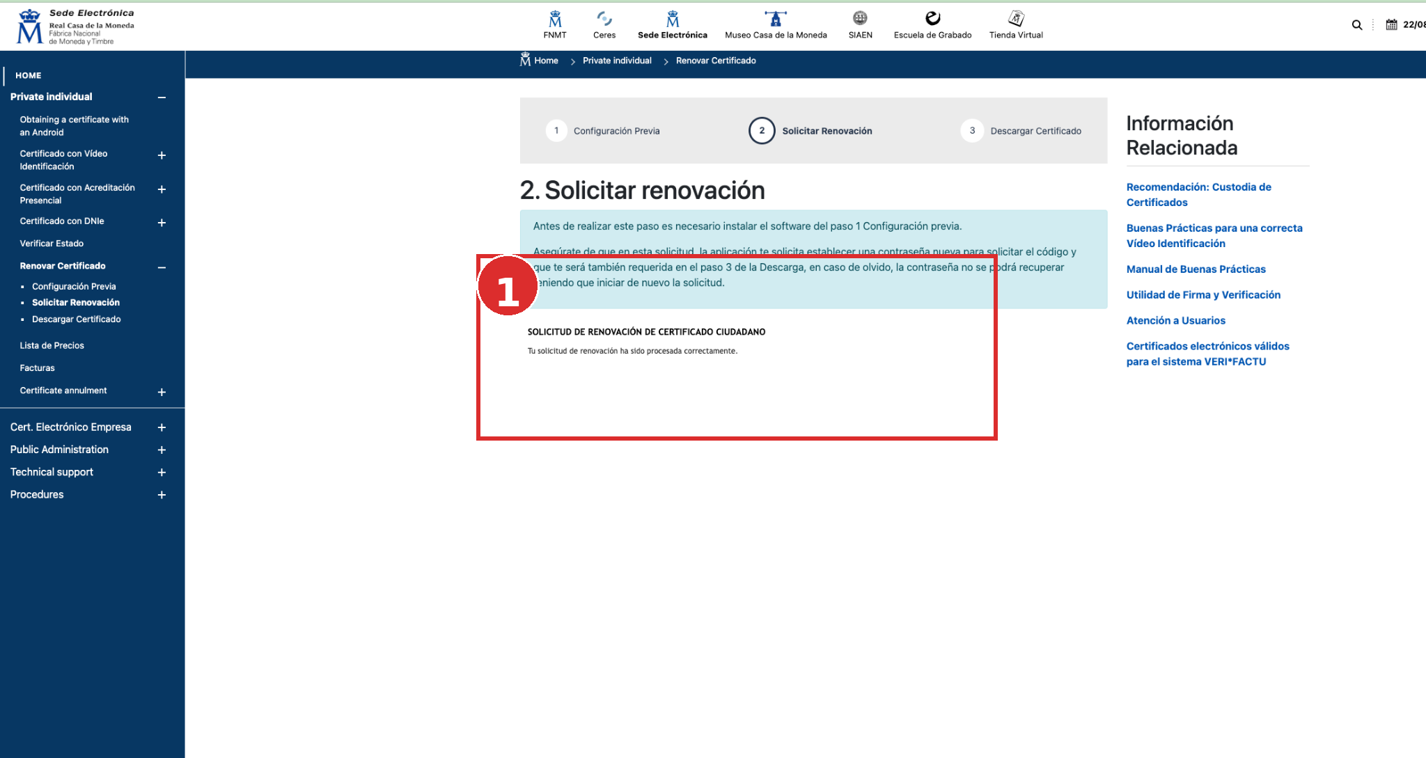 Strona FNMT potwierdzająca poprawne przetworzenie wniosku o odnowienie