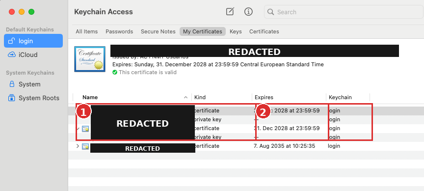 Keychain Access pokazuje dwa identyczne wpisy nowego certyfikatu, dane właściciela usunięte