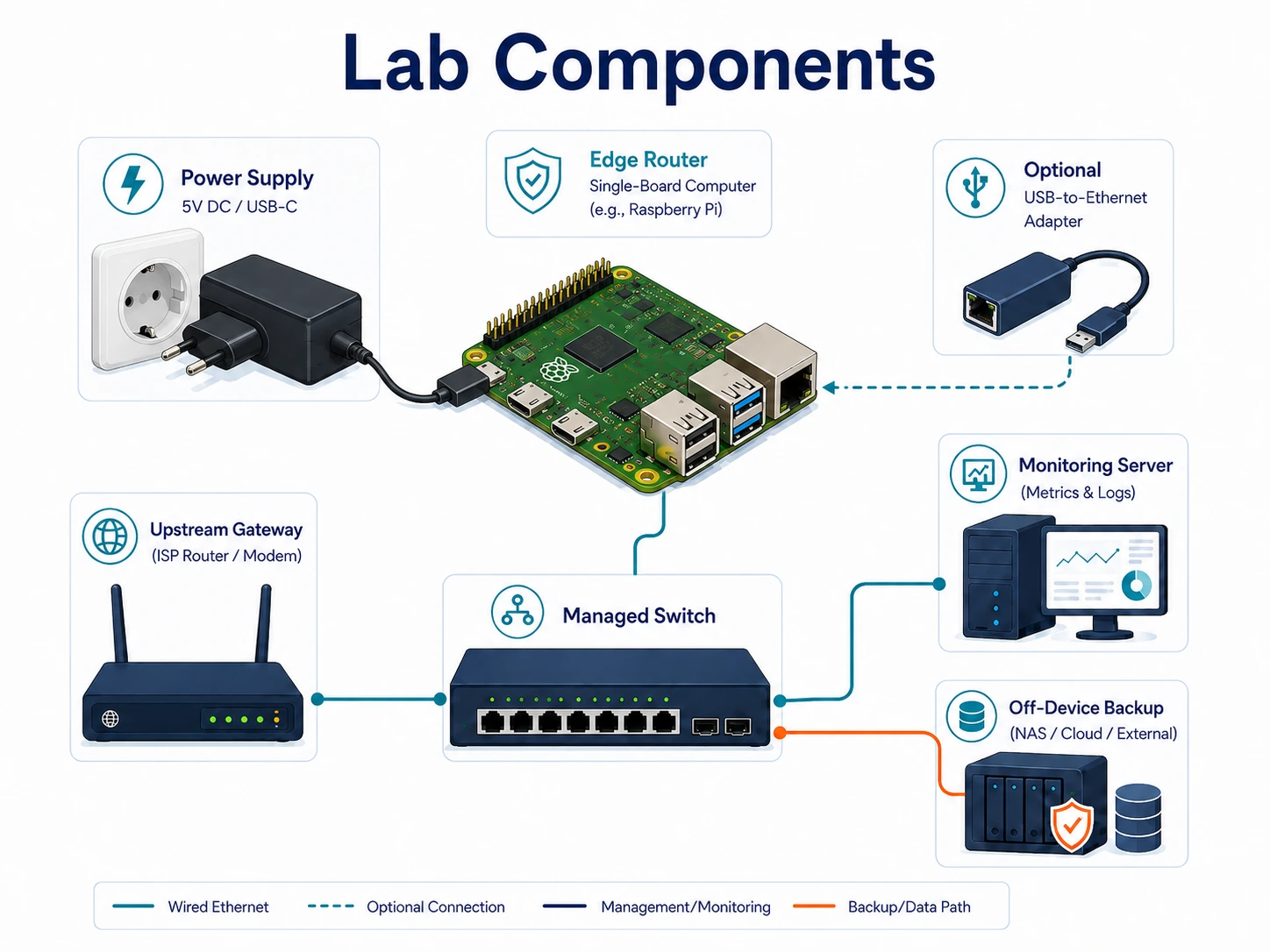 Components of a Home-Edge Network Lab: edge router, upstream gateway, managed switch, monitoring and off-device backup.
