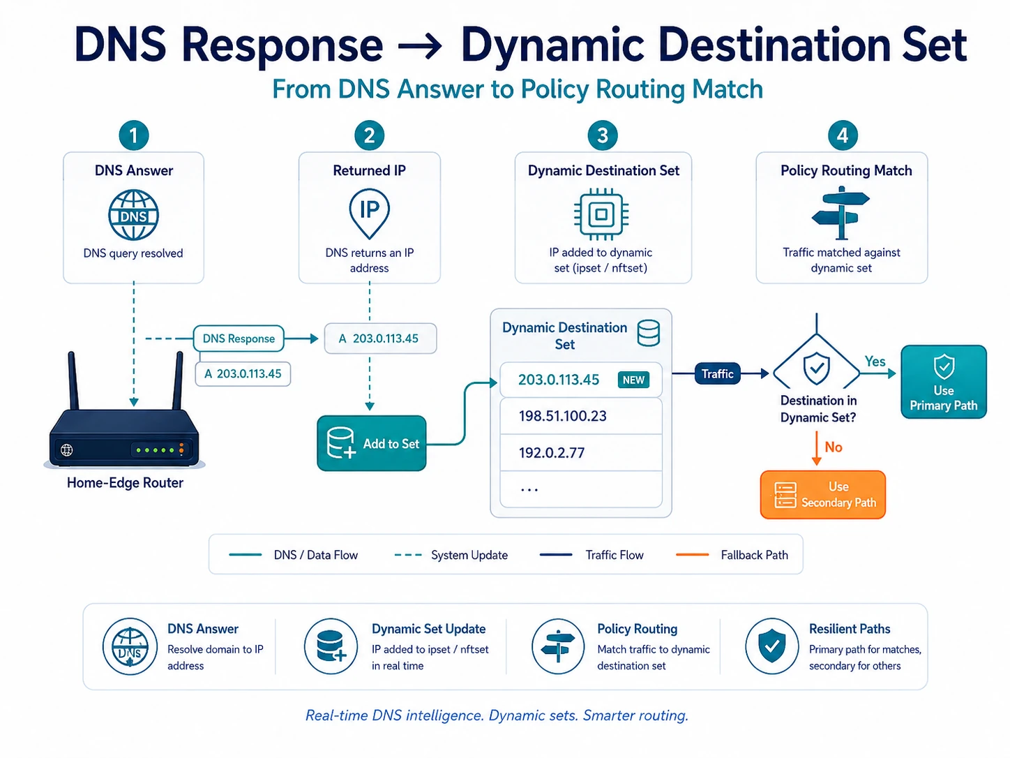 A DNS answer updates the dynamic destination set, which is then used by policy routing.