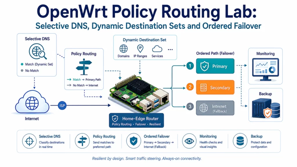 OpenWrt Policy Routing Lab with selective DNS, dynamic destination sets and ordered failover