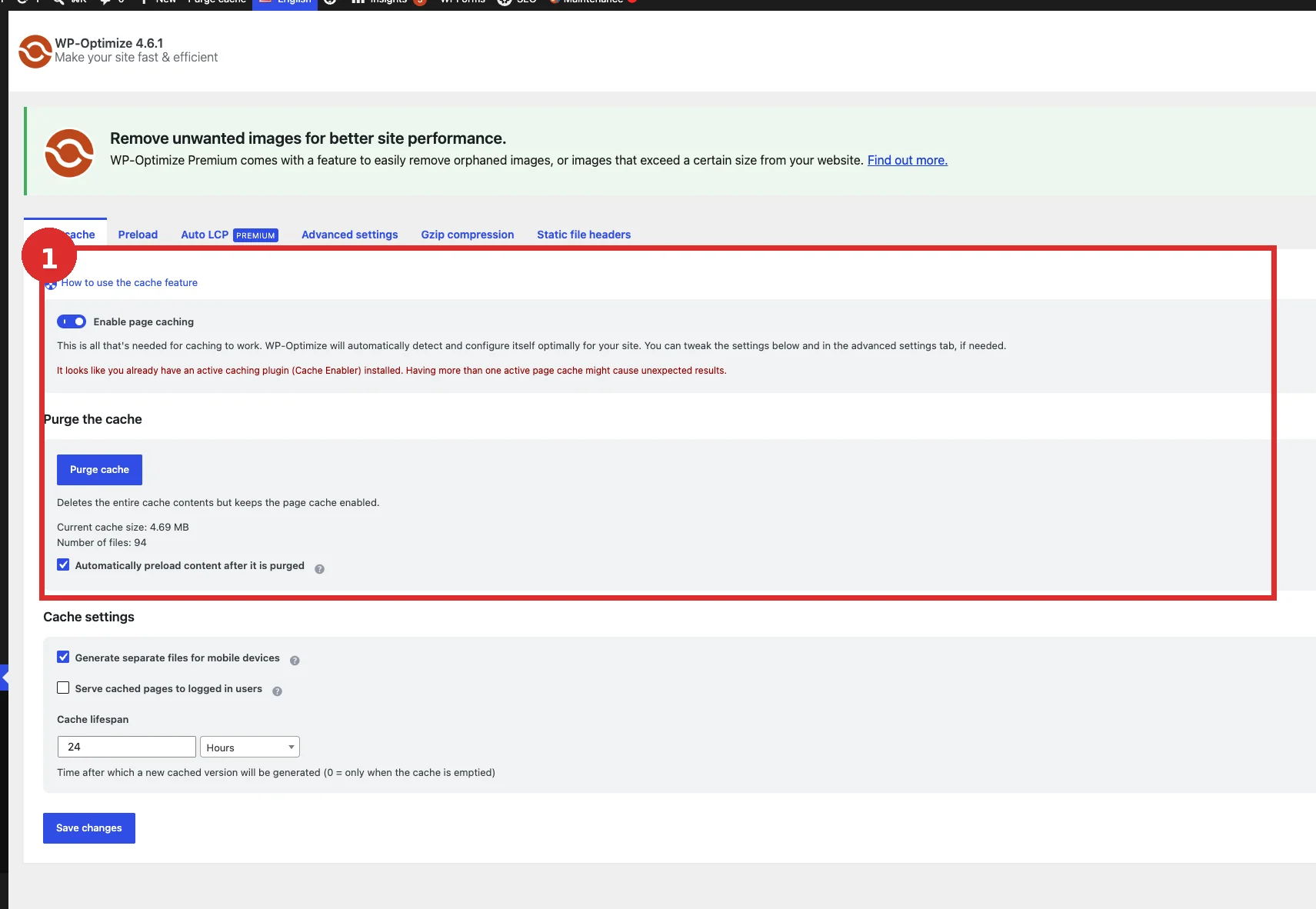 WP-Optimize mit Warnung vor einem zusätzlich aktiven Page-Cache-Plugin
