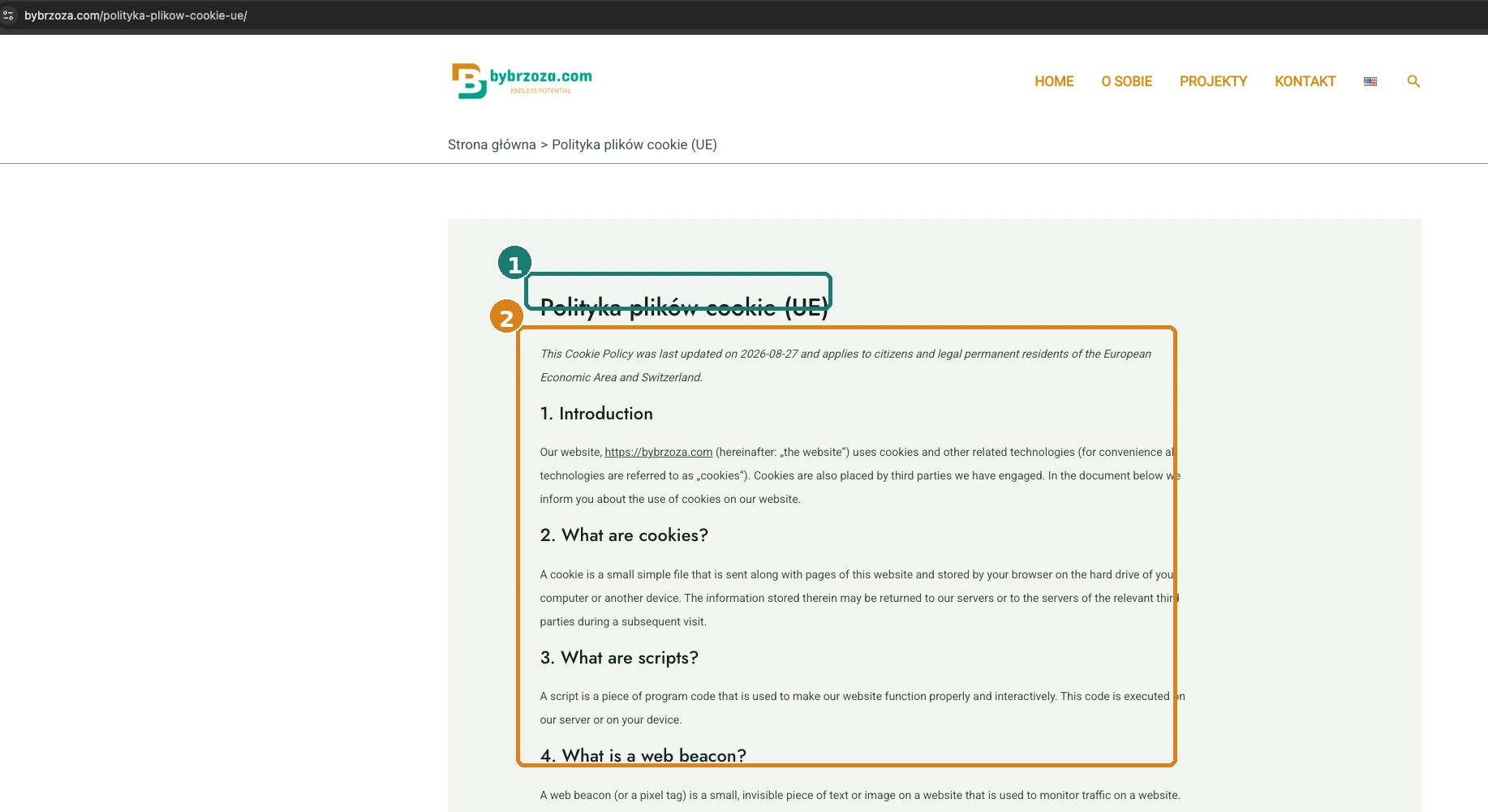 Polnische Cookie-Policy-Seite mit polnischem Titel, aber englischem Haupttext