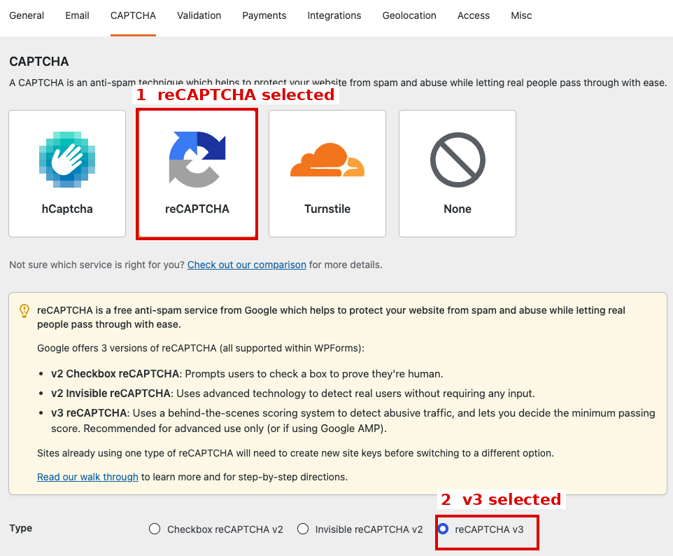 WPForms-Einstellungen mit ausgewähltem Google reCAPTCHA v3