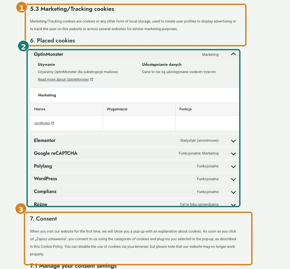 Gemischtsprachige Complianz Cookie Policy mit englischen statischen Abschnitten und polnischen dynamischen Service-Feldern