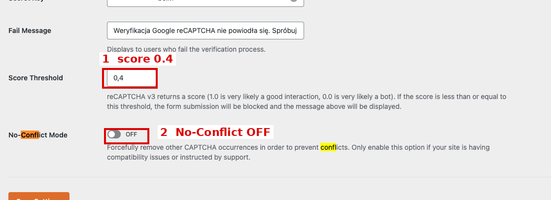 WPForms mit reCAPTCHA-Schwellenwert 0,4 und deaktiviertem No-Conflict Mode