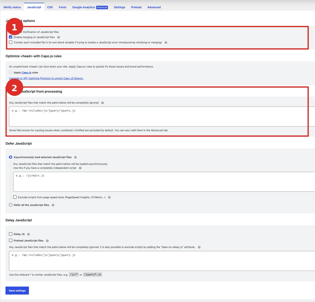 WP-Optimize JavaScript-Einstellungen mit dem Feld zum Ausschließen einzelner Scripts
