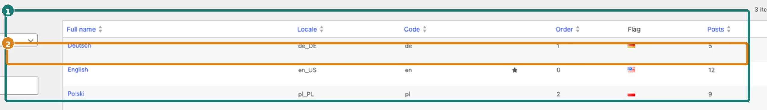 Polylang-Sprachkonfiguration mit en_US als Standard sowie de_DE und pl_PL