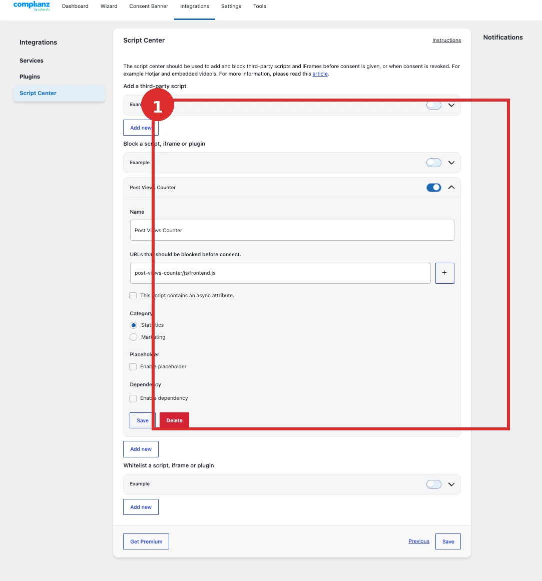 Complianz Script Center mit Post Views Counter in der Kategorie Statistics