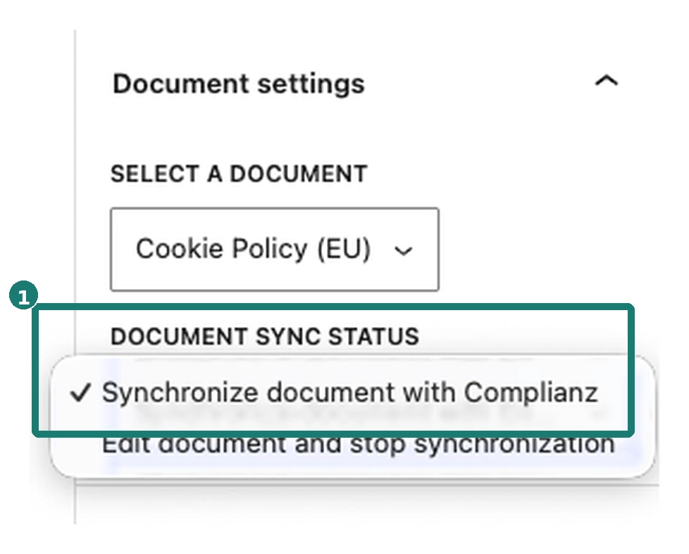 Complianz Legal-Document-Block mit aktivierter Option Synchronize document with Complianz