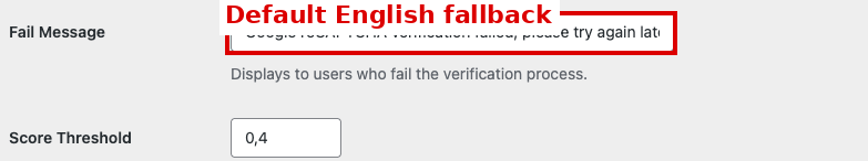 Standardzustand des WPForms reCAPTCHA Fail Message Felds