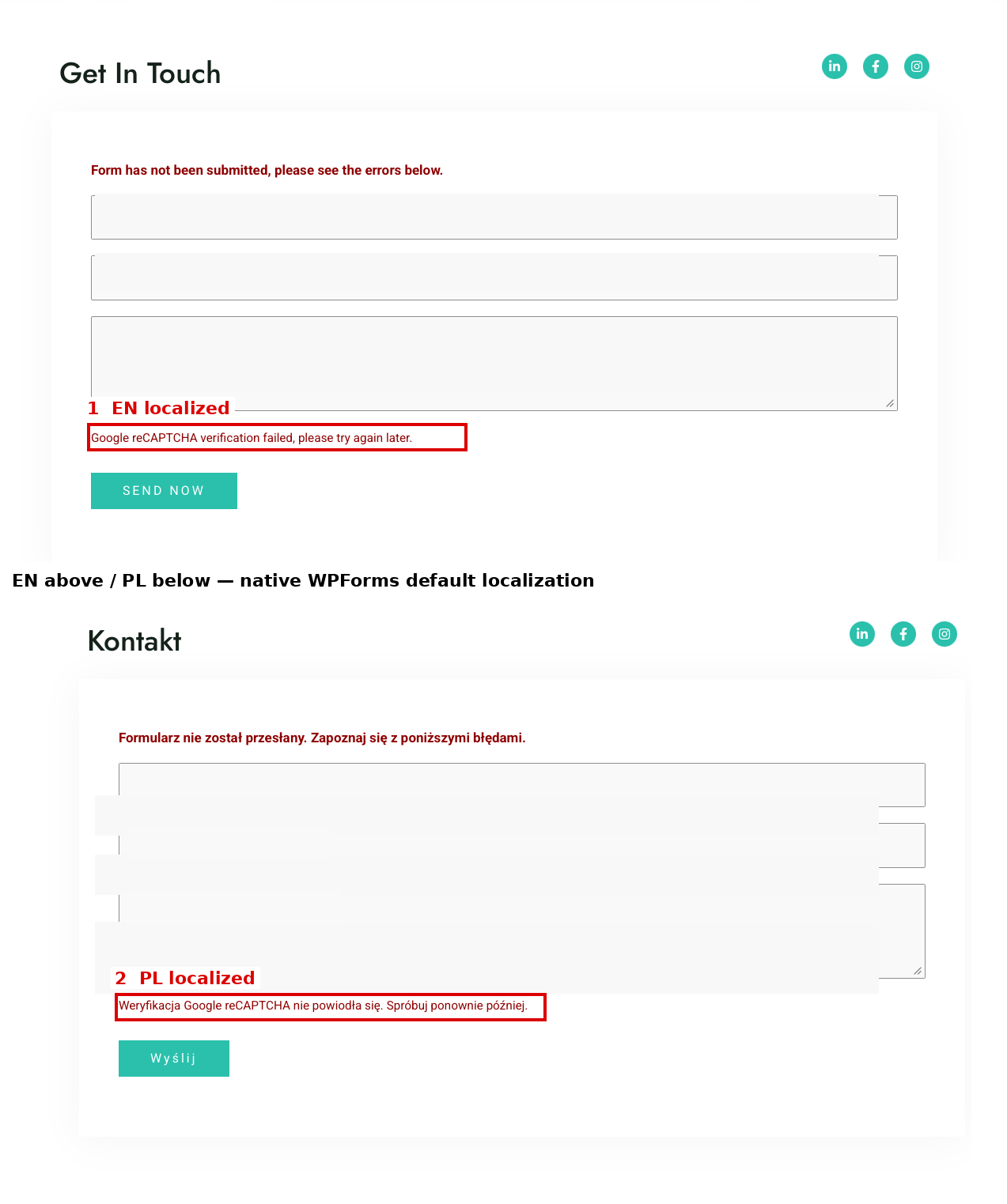 Vergleich der nativen WPForms reCAPTCHA-Fehlermeldungen in Englisch und Polnisch