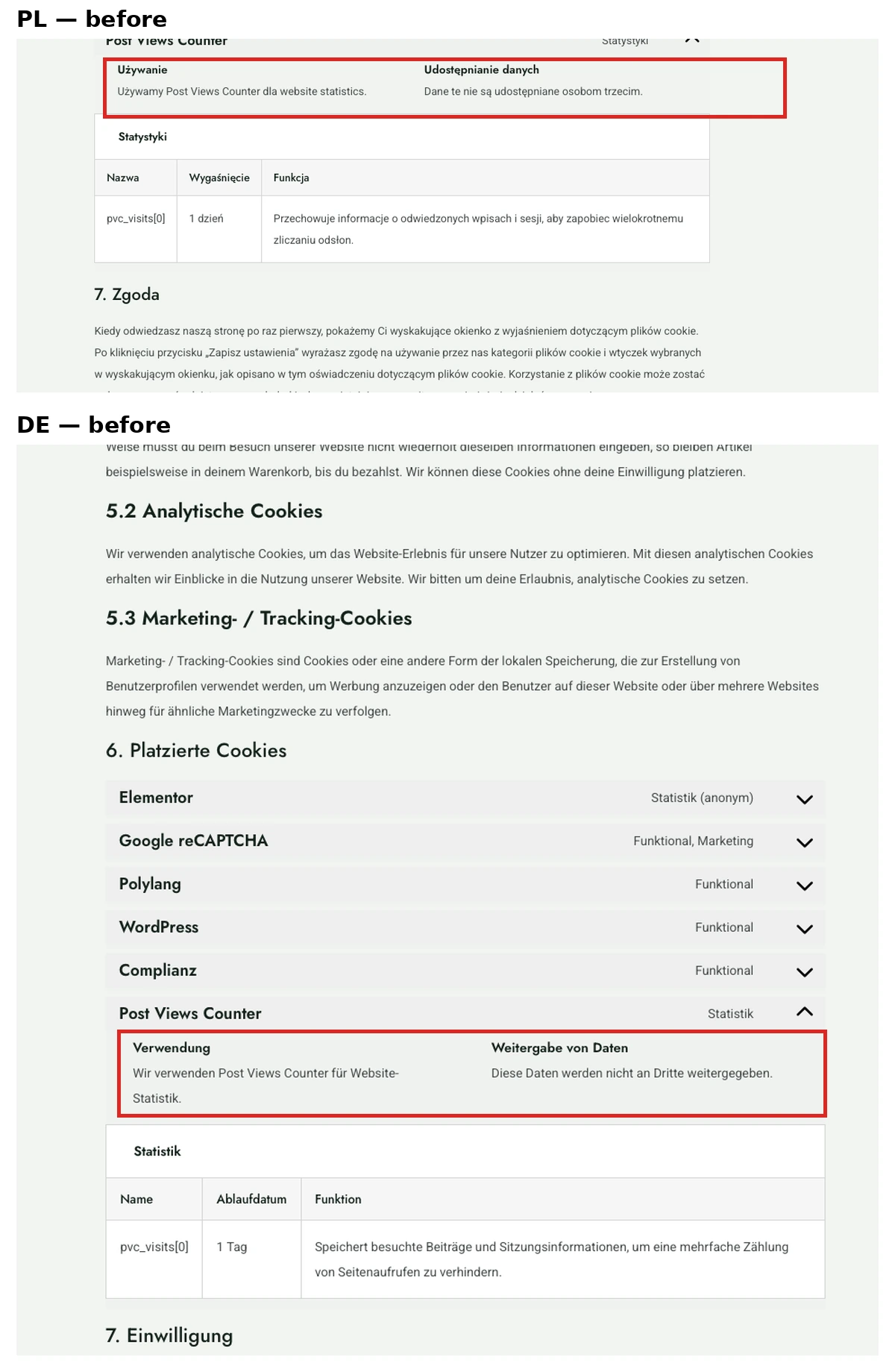 Deutsche und polnische Cookie Policy vor dem Fix mit englischem website statistics