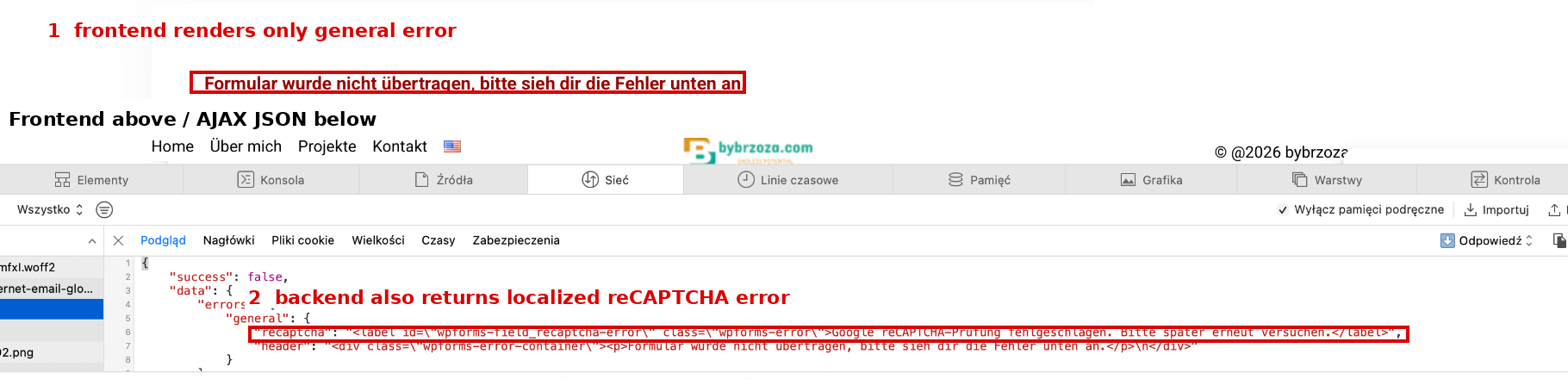 Deutsches WPForms-Frontend mit allgemeinem Fehler und JSON-Antwort mit zusätzlicher reCAPTCHA-Meldung